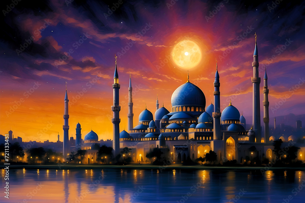 Obraz premium Holy Ramadan night sky with Islamic Mosque and full moon background tranquil city wallpaper