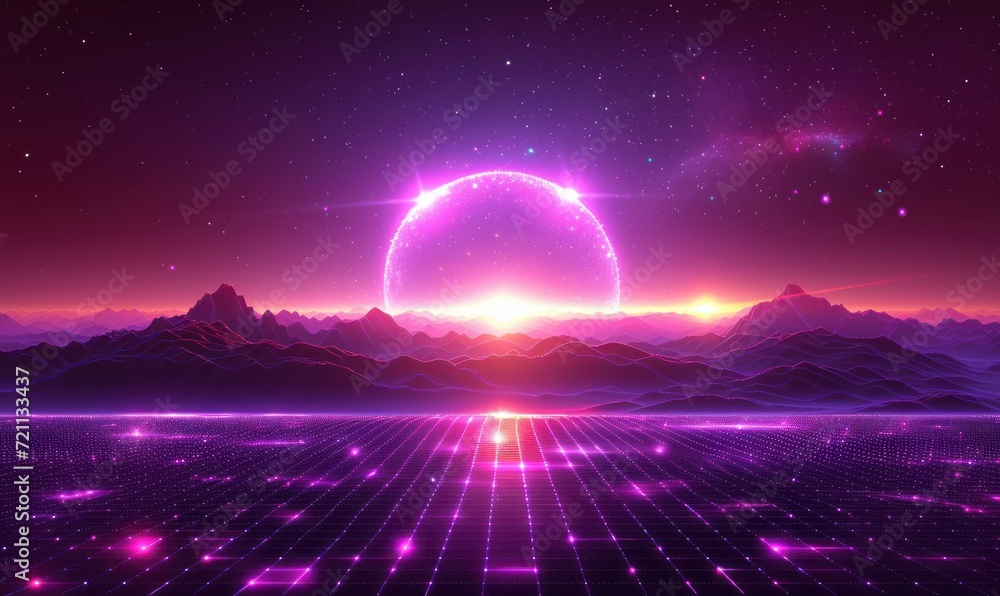 purple square grid background with stars and lights