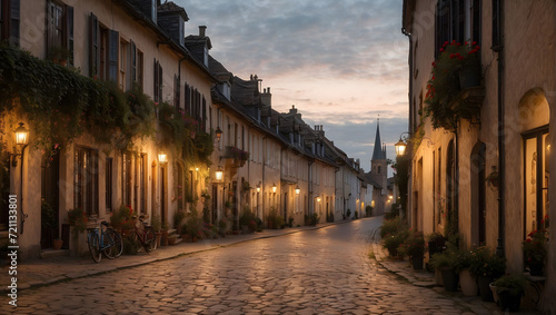 Street in an old town with historical buildings and burning street lights