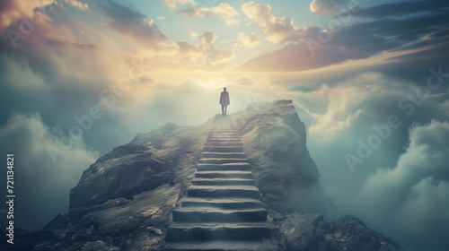 Person Ascending Stairway Above the Clouds