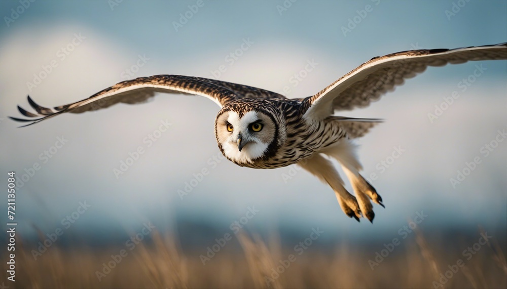 Obraz premium short eared owl portrait while flying on blue sky 