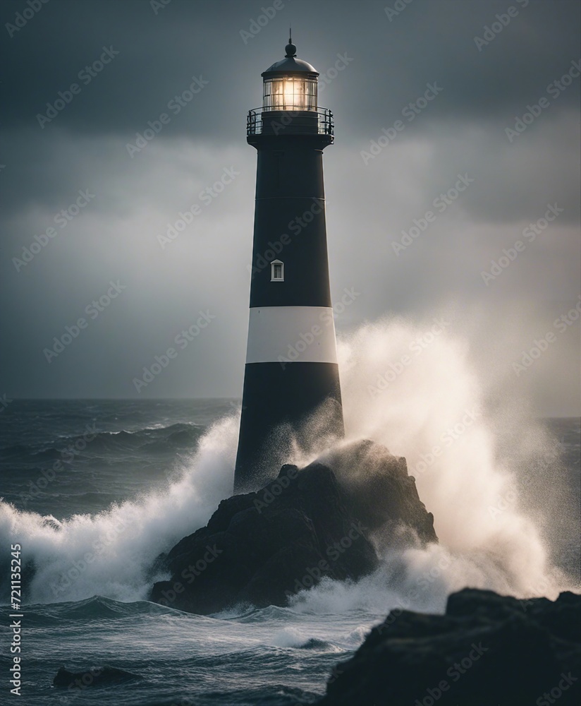 a lighthouse on a rocky ground that shines in rainy, lightning and foggy weather amidst huge huge waves

