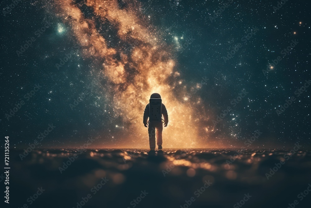 astronaut walking out on a planet with sky astronaut walking out on a planet with sky