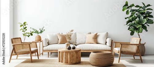 Mockup picture of Scandinavian living room interior with wooden furniture on white wall. photo