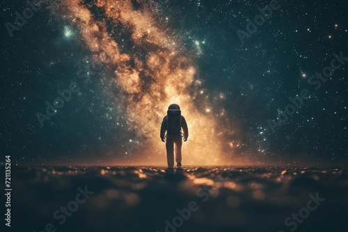 astronaut walking out on a planet with sky