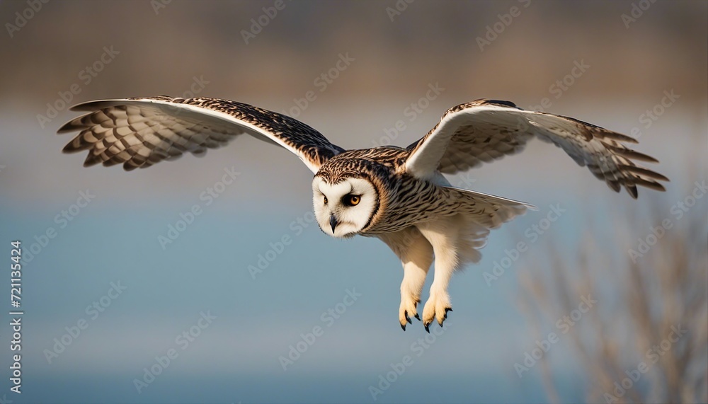 Fototapeta premium short eared owl portrait while flying on blue sky 