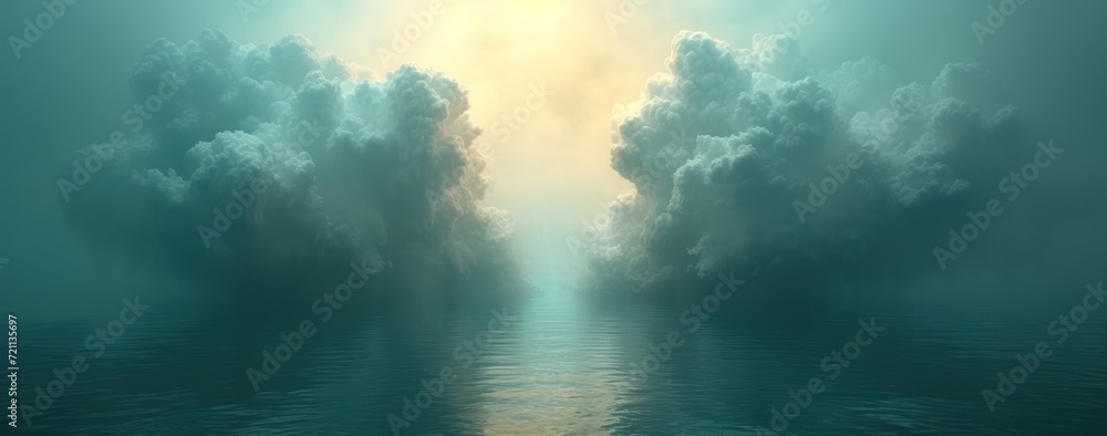 heavy clouds that are over a body of water, in the style of detailed atmospheric portraits, gray and cyan