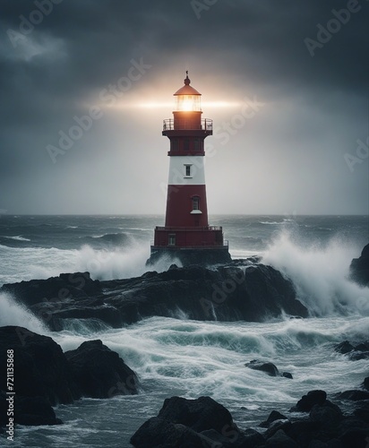 a lighthouse on a rocky ground that shines in rainy, lightning and foggy weather amidst huge huge waves 