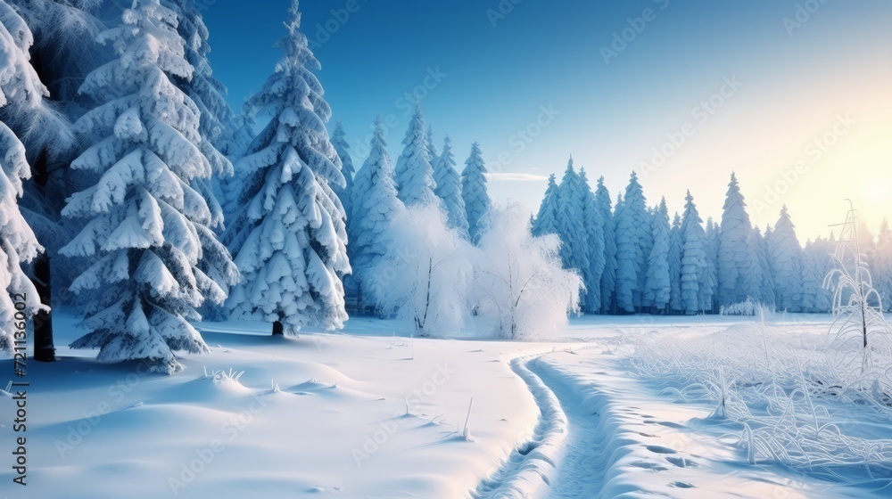 Snowy forest landscape at sunset