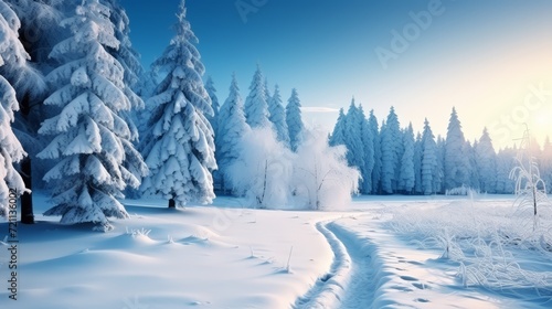 Snowy forest landscape at sunset © best stock