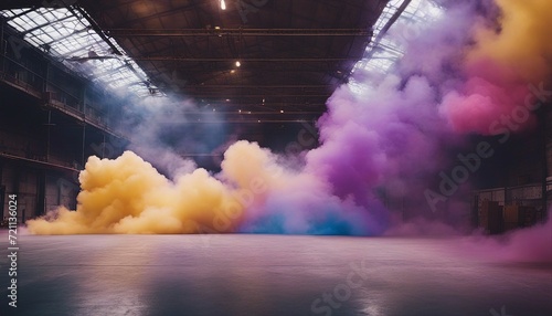 Inside the empty warehouse, brightly coloured blue purple purple pink yellow smoke clouds float 