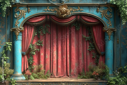  ornate stage with red drapes, in the style of dark tonality, organic art