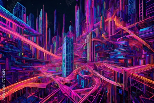 Certainly! Here's a modified version:"3D render: Captivating abstract backdrop featuring vibrant neon lines pulsating in the darkness with an alluring reflection on the floor."