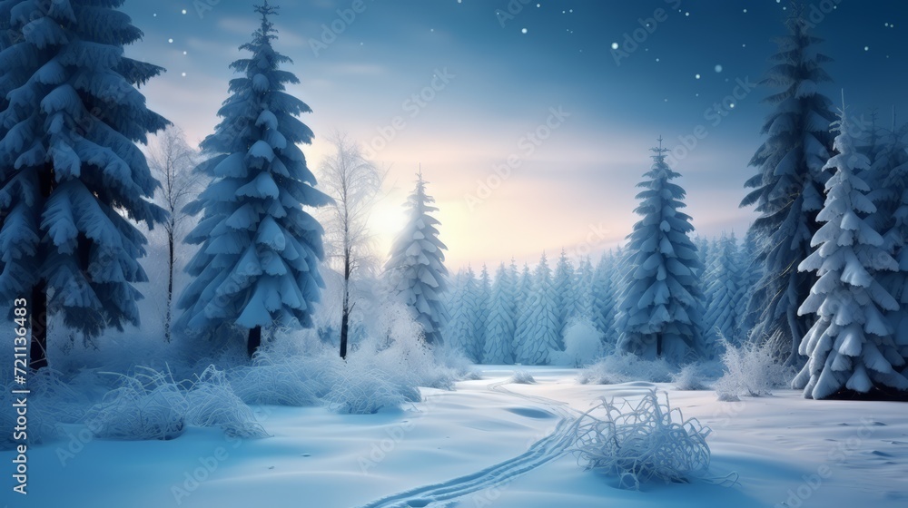 Snowy forest landscape at sunset