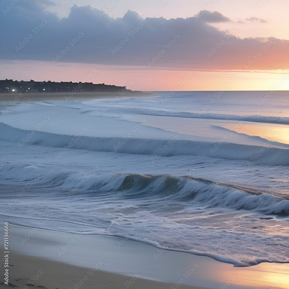 A serene image of a beach with blue waves. A serene image of a beach with blue waves.