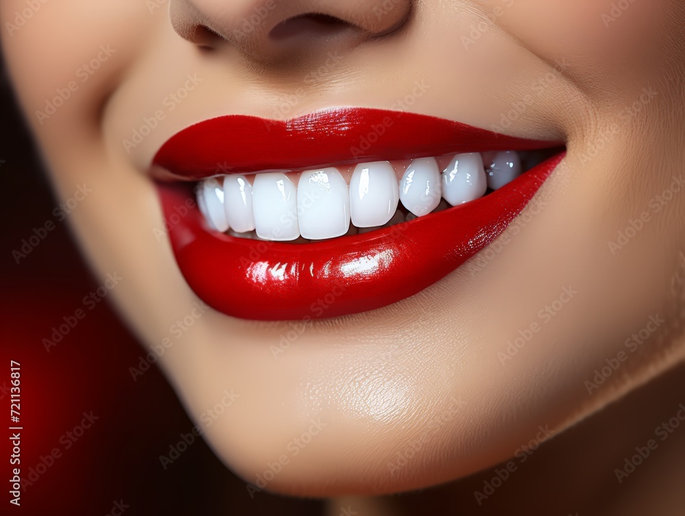 Close up view of beautiful woman lips with red lipstick and white teeth. Close up view of beautiful woman lips with red lipstick and white teeth.
