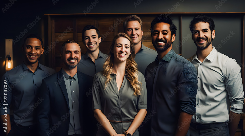 A cheerful group of male and female employees smiling broadly, standing together in a professional setting. Their expressions convey positivity, teamwork, and a collaborative work environment A cheerful group of male and female employees smiling broadly, standing together in a professional setting. Their expressions convey positivity, teamwork, and a collaborative work environment
