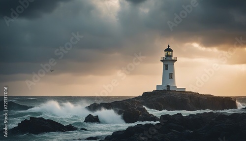 a lighthouse on a rocky ground that shines in rainy, lightning and foggy weather amidst huge huge waves  © abu
