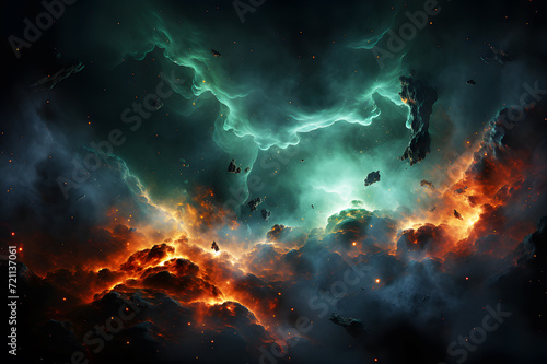 Emerald green. Explosion of light in space universe orange, black yellow, white. Nebula and galaxies in space. scientific image technology star, sky. Background Abstract Texture