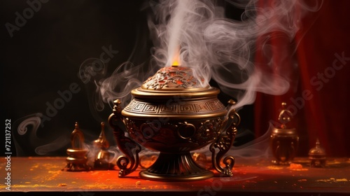 A brass incense burner emitting a fragrant cloud of buckhorn photo