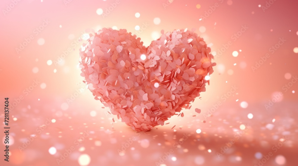 Pink heart-shaped confetti composition on glowing background. Love and Valentine's Day.