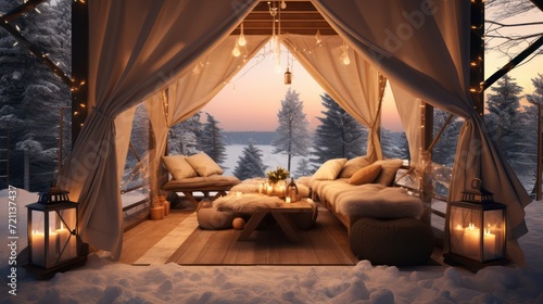 A Romantic dinner in a private cabana on the snow-covered pine trees in winter. With a bonfire and a view of the sea of mist. photo