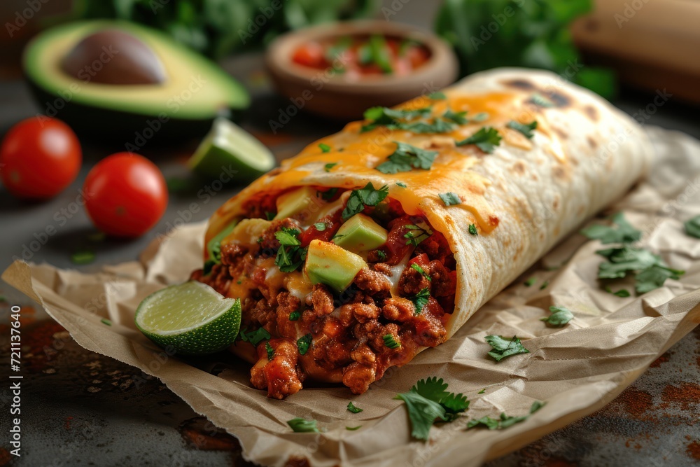 carne asada burrito on paper with enchilada sauce and avocado on it carne asada burrito on paper with enchilada sauce and avocado on it