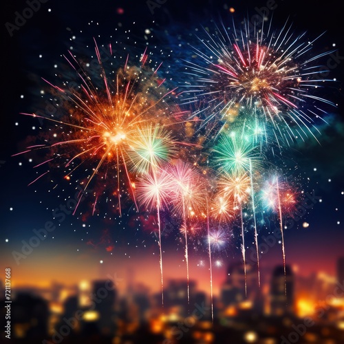 illustration - colorful fireworks in the night sky  bokeh blur background  out of focus city lights  background image.