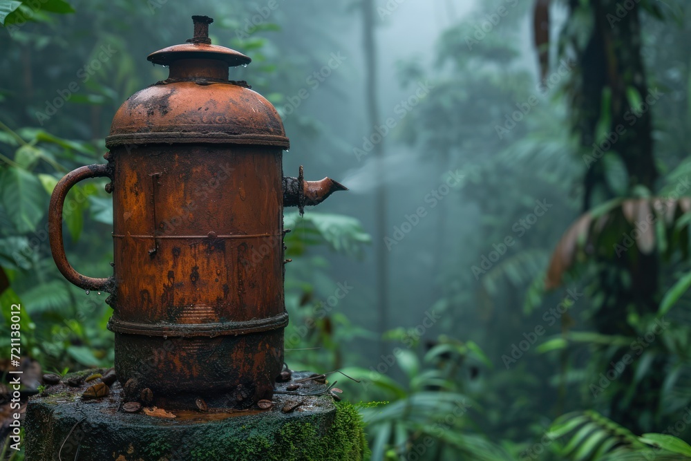 old rusted coffee maker in the forest old rusted coffee maker in the forest