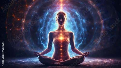 A person meditating with colorful energy or aura graphic background.