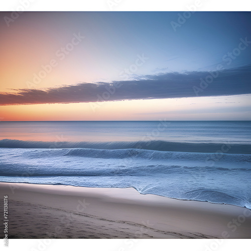 A serene image of a beach with blue waves. 