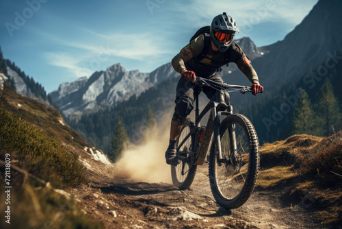 A cyclist riding through a scenic mountain trail, showcasing the spirit of adventure and fitness. Concept of outdoor sports and nature exploration. Generative Ai.