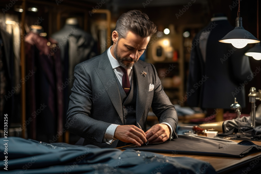 A tailor crafting a custom suit, highlighting the skill of bespoke tailoring. Concept of fashion craftsmanship and personalized style. Generative Ai. A tailor crafting a custom suit, highlighting the skill of bespoke tailoring. Concept of fashion craftsmanship and personalized style. Generative Ai.
