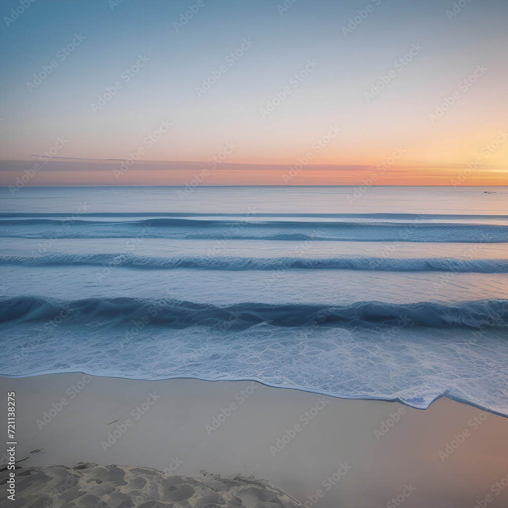 A serene image of a beach with blue waves. 