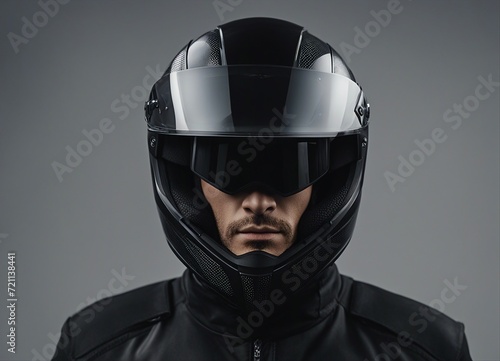 portrait of a man in a black coloured motorcycle helmet, isolated grey background 

