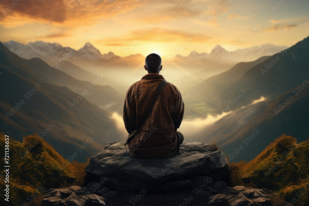 A person meditating at sunrise on a mountain top, symbolizing peace and self-discovery. Generative Ai.