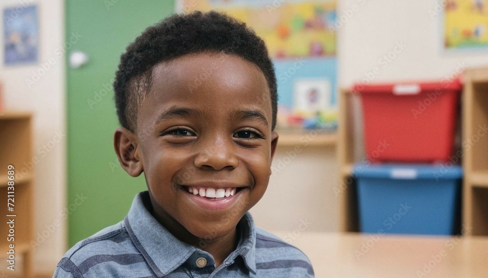 Fototapeta premium portrait of a black American boy with a friendly smile in kindergarten