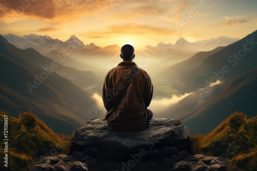 A person meditating at sunrise on a mountain top  symbolizing peace and self-discovery. Generative Ai.