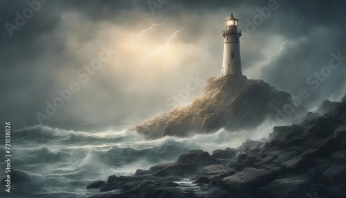 a lighthouse on a rocky ground that shines among the big waves in rainy, lightning and foggy weather   © abu