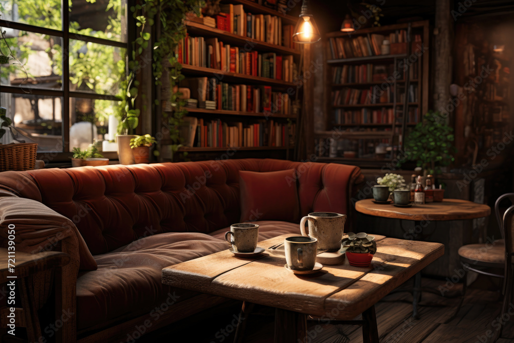 A cozy café corner with books and comfortable seating, evoking warmth and relaxation. Generative Ai.