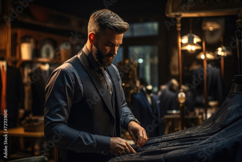 A tailor fitting a bespoke suit, capturing the elegance and skill of custom tailoring. Generative Ai.