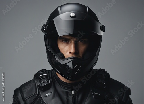 portrait of a man in a black coloured motorcycle helmet, isolated grey background  © abu