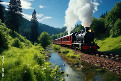 A scenic train journey through the countryside, depicting travel and the joy of exploration. Generative Ai.