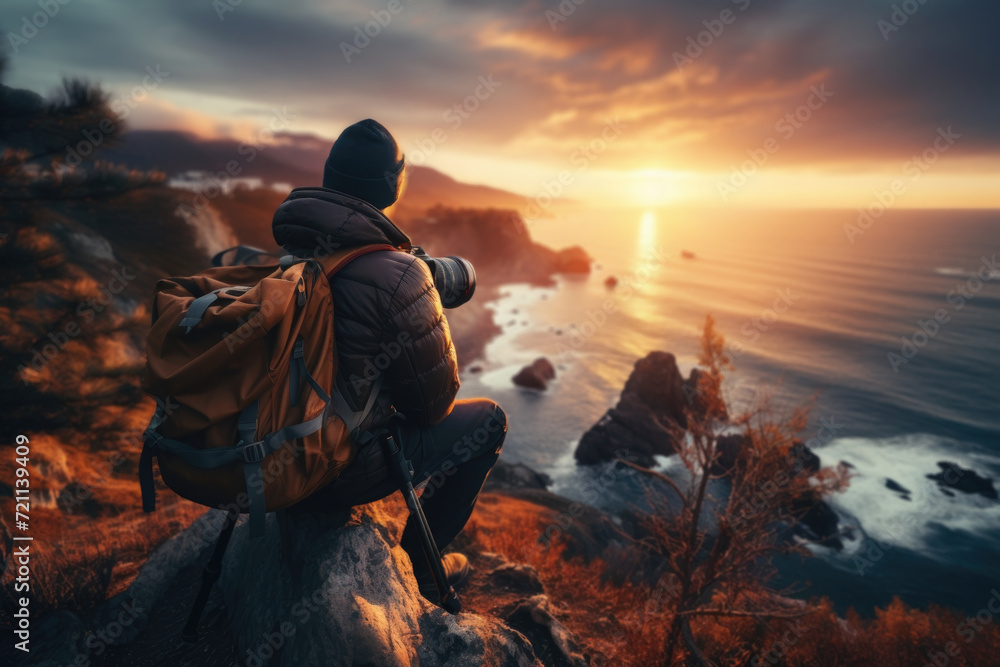Obraz premium A professional photographer capturing a sunset landscape, showcasing the art of photography and natural beauty. Generative Ai.