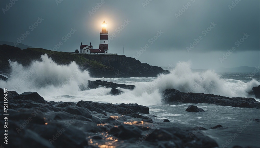 a lighthouse on a rocky ground that shines among the big waves in rainy, lightning and foggy weather 
