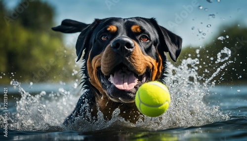 Spectacular portrait of a rottweiler chasing a tennis ball underwater 
