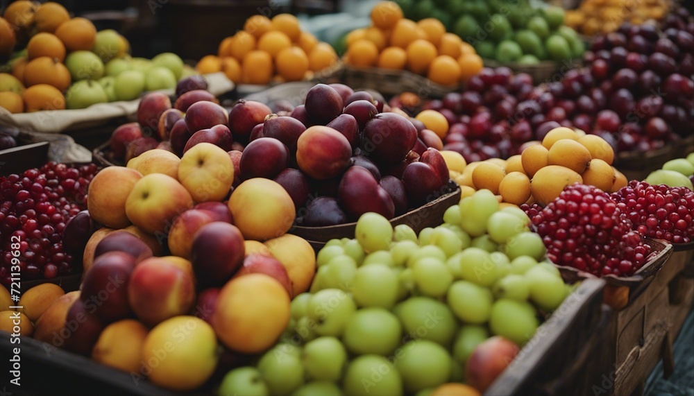 fresh raw fruits at bazaar - chestnuts, pomegranate, plums, etc; selections of colors and textures
