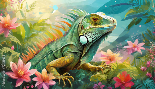 Imaginative iguana image with beautiful flowers and the outdoors  created with generative AI