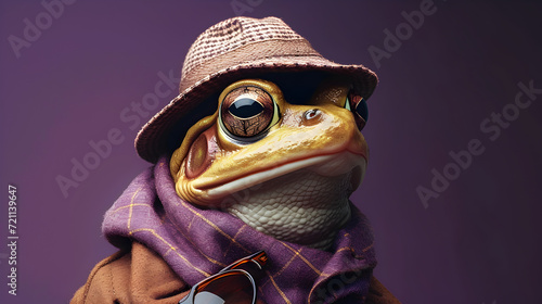 Funny Frog Dressed in a Purple Hat and Glasses
