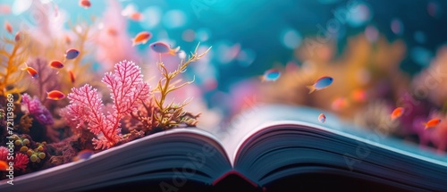 Photo An open book with a vibrant coral reef scene, where tiny fish appear to swim off the pages